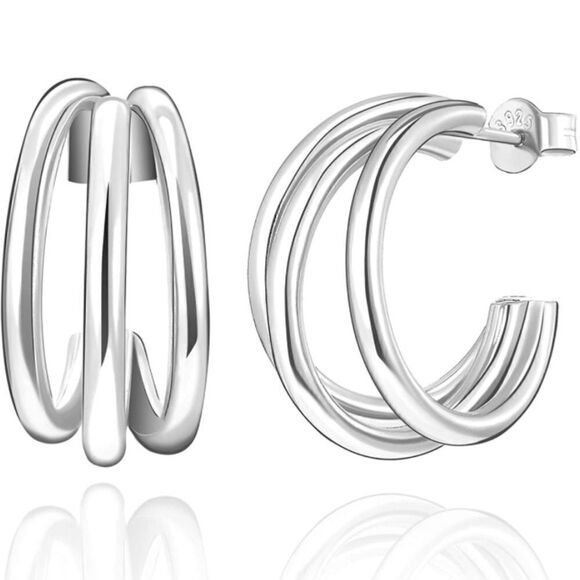 NEW Triple Solid 925 Sterling Silver Hoops - Picture 3 of 4
